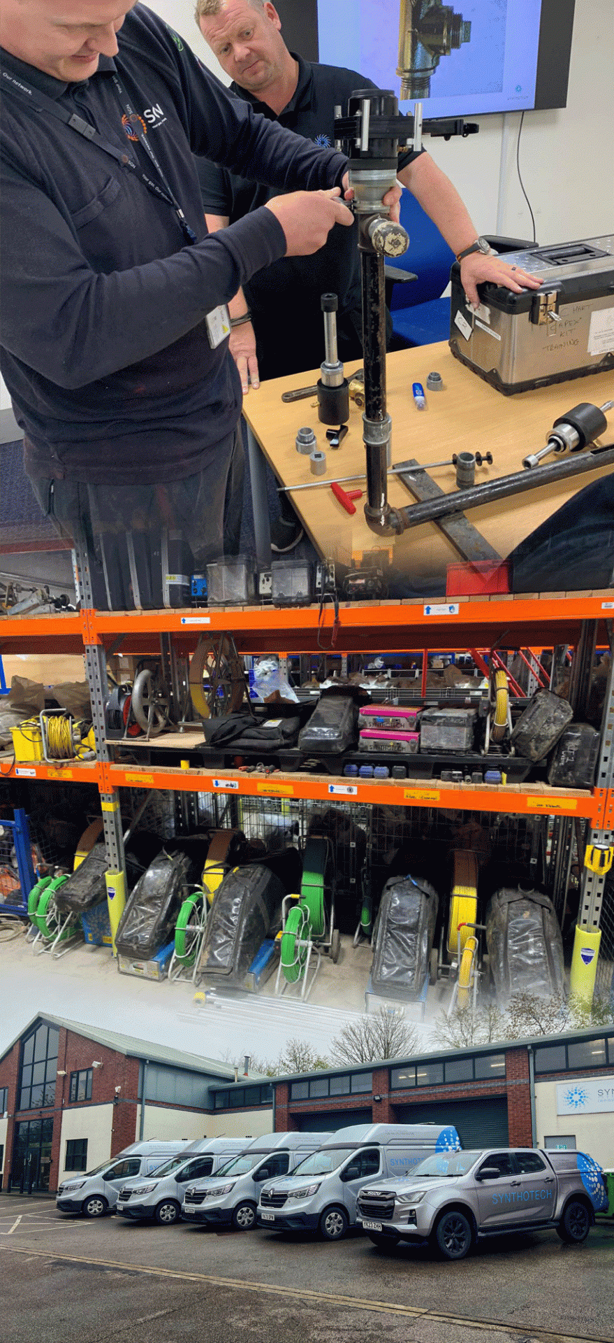 3 images showing in classroom training for a CapEx device, several camera systems on a rack imaged during a kit check, and our fleet of technical engineering vans